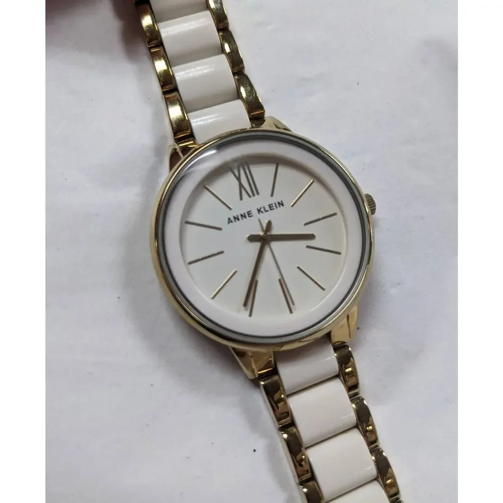 Anne Klein Two Tone White and Golden Sectioned Wrist Watch Roman Numeral